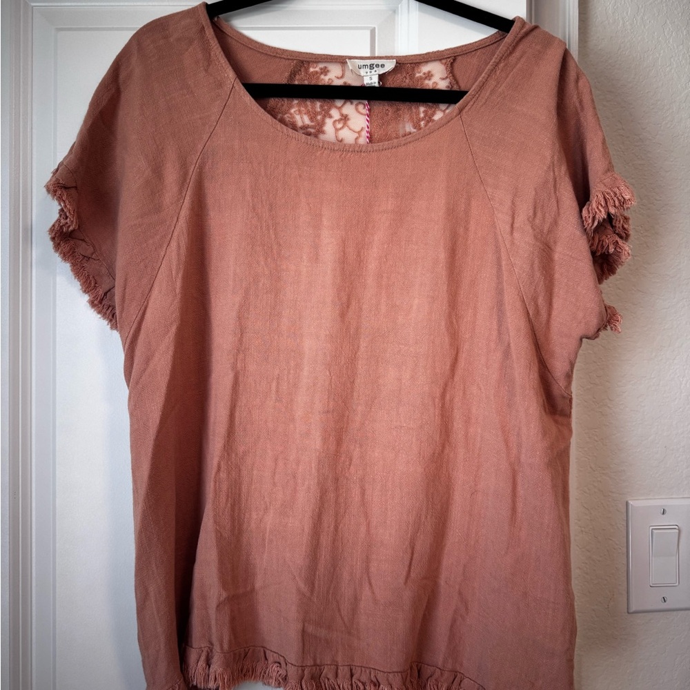 NWT Umgee Mauve Dusty Rose Short Sleeve Linen-Blend Tunic with Lace Back